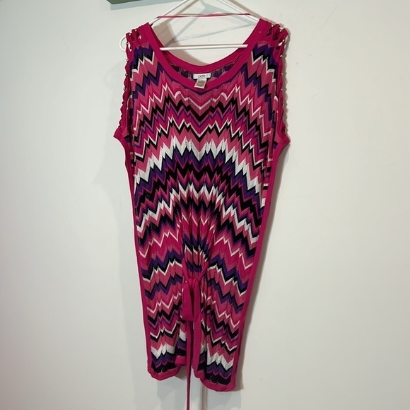 Vintage Cache pink purple zig zag knit short sleeve blouse poncho belted top Med - Picture 9 of 9